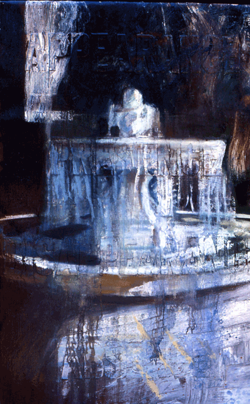 Painting of a fountain during the Grandes Eaux in the garden at Versailles with embossed text: appearance, presence, disappearance, absence